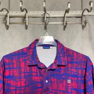 Hreski Polo Shirt Men L Blue Red Geometric AOP Abstract Artsy Golf Casual Preppy